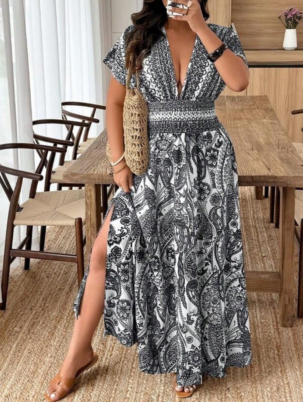 Women's Size 3X Paisley Print Maxi Dress Black & White Vacation Summer